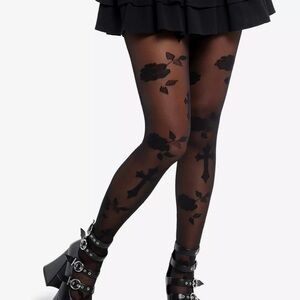 Black Sheer Tights with Cross and Floral Design